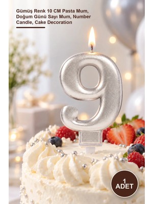 Yenilig 1 Adet 9 Rakam Mum – Gümüş Renk 10 cm Pasta Mum, Doğum Günü Sayı Mum, Number Candle, Cake Decoration