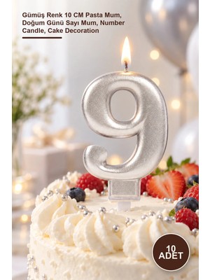 Yenilig 10 Adet 9 Rakam Mum – Gümüş Renk 10 cm Pasta Mum, Doğum Günü Sayı Mum, Number Candle, Cake Decoration