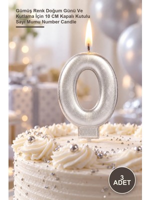 Yenilig 3 Adet 0 Rakam Mum – Gümüş Renk Doğum Günü ve Kutlama Için 10 cm Kapalı Kutulu Sayı Mumu Number Candle