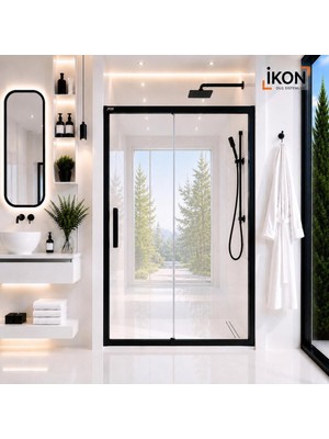 ikon Enzo 1 Sabit 1 Sürgü | Mat Siyah Şeffaf Duş Kabini H:190