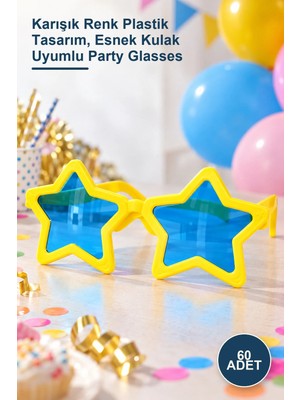 Yenilig 60 Adet Büyük Yıldız Parti Gözlüğü – Karışık Renk Plastik Tasarım, Esnek Kulak Uyumlu Party Glasses