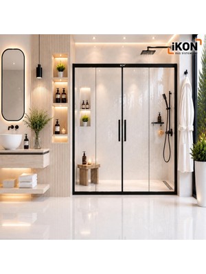 ikon Enzo 2 Sabit 2 Sürgü | Mat Siyah Şeffaf Duş Kabini H:190