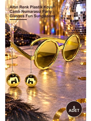 Yenilig 5 Adet Disko Toplu Küpeli Parti Gözlüğü – Altın Renk Plastik Koyu Camlı Numarasız Party Glasses Fun Sunglasses