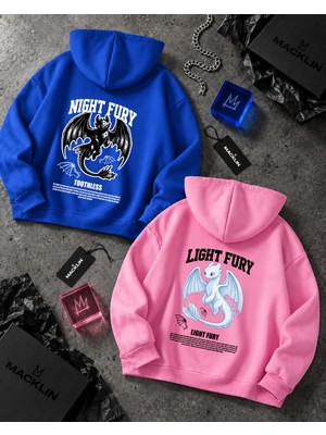 Macklin Sevgili - Arkadaş Çift Kombini Night & Light Fury Sırt Baskılı Özel Tasarım Kapüşonlu Sweatshirt 2li Takım