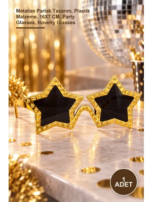 Yenilig 1 Adet Altın Renk Disko Yıldızı Retro Parti Gözlüğü – Metalize Parlak Tasarım, Plastik Malzeme, 16X7 Cm, Party Glasses, Novelty Glasses