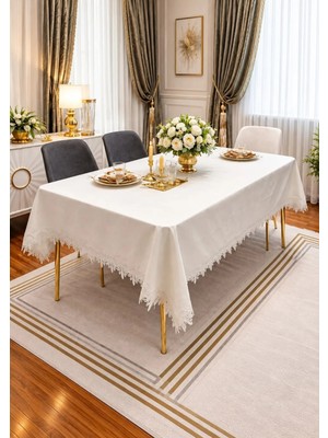 Goldroom Home Home Fransız Dantelli Linen Kumaştan 160*220 Lüks Masa Örtüsü