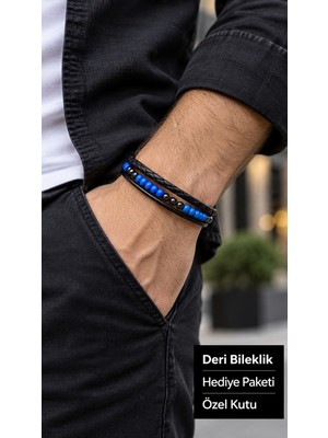 Herşey Nota Brinavo Bluepebble Siyah Deri Erkek Bileklik - Canlı Mavi Boncuklu Üç Sıralı Örgü