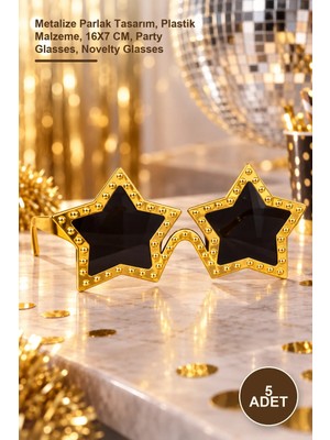 Yenilig 5 Adet Altın Renk Disko Yıldızı Retro Parti Gözlüğü – Metalize Parlak Tasarım, Plastik Malzeme, 16X7 Cm, Party Glasses, Novelty Glasses