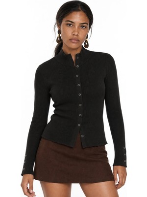 Hiccup Kadınlar Mıxray Slim Fit Yarım Balıkçı Yaka Hırka, Düğmeli Kapatma Siyah