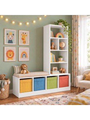 Bimossa W7340 Tally Kitaplık Beyaz – Sağ Veya Sol Kurulumlu Üst Modül ve Çok Bölmeli Çocuk Kitaplığı