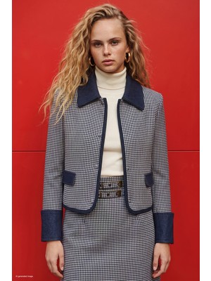 Sateen Kazayağı Desenli Denim Detaylı Ceket - Mavi