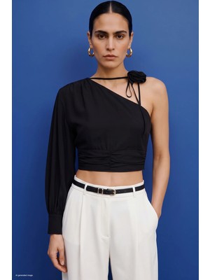 Sateen Çiçek Detaylı Bluz - Siyah