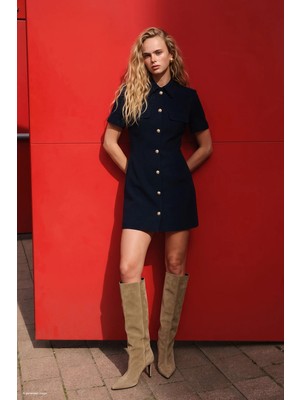 Sateen Kısa Kollu Mini Elbise - Lacivert