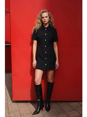 Sateen Kısa Kollu Mini Elbise - Siyah