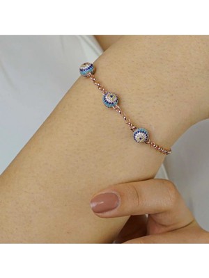 Atölye Albatros Nazar Boncuğu Tasarımlı Rose Renk 925 Ayar Gümüş Kadın Bileklik