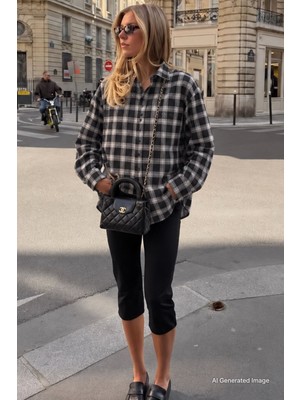 Madmext Siyah Oversize Ekose Desenli Kadın Gömlek MG2589