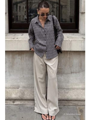 Madmext Gri Oversize Ekose Desenli Kadın Gömlek MG2589