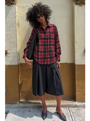 Madmext Kırmızı Oversize Ekose Desenli Kadın Gömlek MG2589