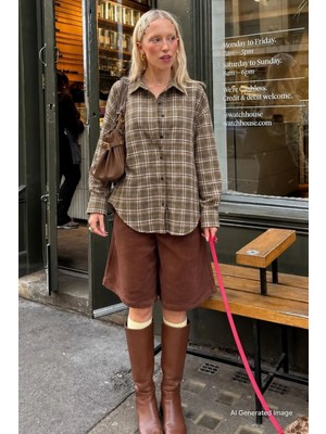 Madmext Haki Oversize Ekose Desenli Kadın Gömlek MG2589
