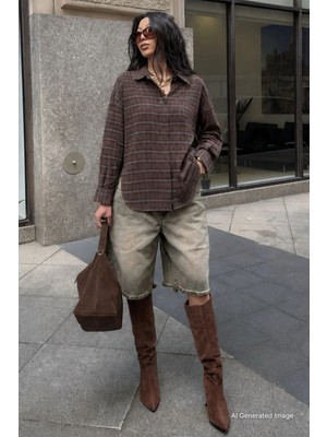 Madmext Kahverengi Oversize Ekose Desenli Kadın Gömlek MG2589
