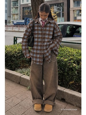 Madmext Bebe Mavisi Oversize Ekose Desenli Kadın Gömlek MG2589