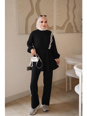 İmaj Butik Siyah Bel Lastikli Şeritli Tunik Pantolonlu Takım
