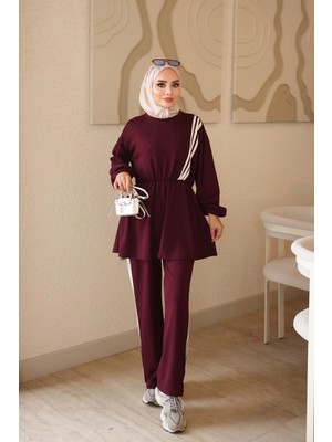 İmaj Butik Mürdüm Bel Lastikli Şeritli Tunik Pantolonlu Takım