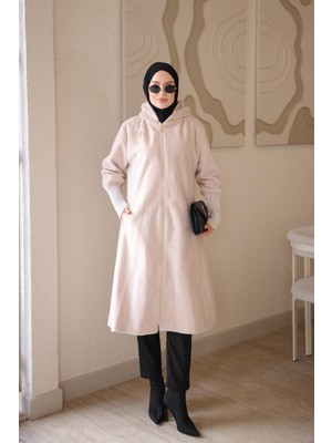 İmaj Butik Bej Kapüşonlu Angora Kaşe Kaban