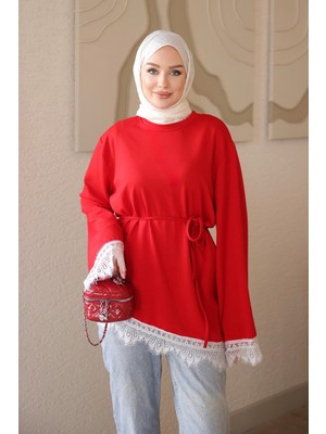 İmaj Butik Kırmızı Kol ve Eteği Dantelli Tunik