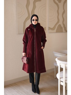 İmaj Butik Bordo Kapüşonlu Angora Kaşe Kaban