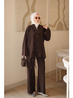 İmaj Butik Kahverengi Bağcık Detaylı Tunik Pantolonlu Takım