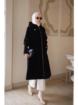 İmaj Butik Siyah Kapüşonlu Angora Kaşe Kaban