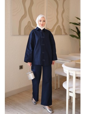 İmaj Butik Lacivert Biye Düğmeli Ceket Pantolonlu Gabardin Takım