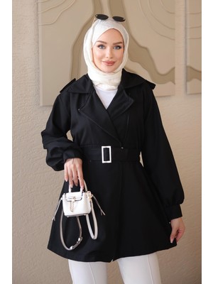 İmaj Butik Siyah Bel Büzgülü Kemer Detaylı Fermuarlı Ceket
