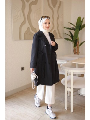 İmaj Butik Siyah Kruvaze Yaka Astarlı Bel Bağlamalı Trençkot