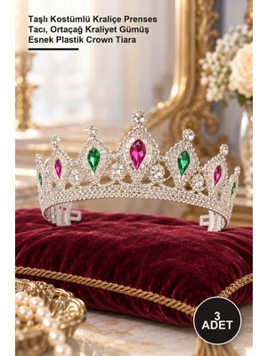 Yenilig 3 Adet Rönesans Taç – Taşlı Kostümlü Kraliçe Prenses Tacı, Ortaçağ Kraliyet Gümüş Esnek Plastik Crown Tiara