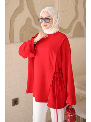 İmaj Butik Kırmızı Yan Biye Bağlamalı Modal Tunik