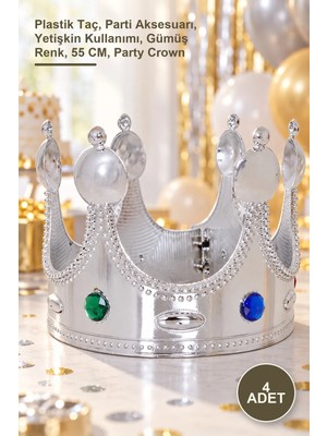 Yenilig 4 Adet Kral Tacı – Plastik Taç, Parti Aksesuarı, Yetişkin Kullanımı, Gümüş Renk, 55 Cm, Party Crown