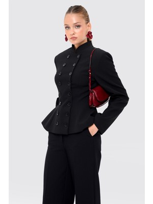 Thalure Kadın Siyah Kruvaze Düğmeli Peplum Blazer