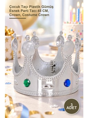 Yenilig 3 Adet Kral Tacı – Çocuk Taçı Plastik Gümüş Esnek Parti Tacı 45 Cm, Crown, Costume Crown