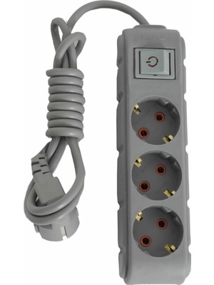 3lü Anahtarlı Grup Priz 2 Metre 16A 250V, Üçlü Topraklı Uzatma Kablosu 2 Metre Gri Renk