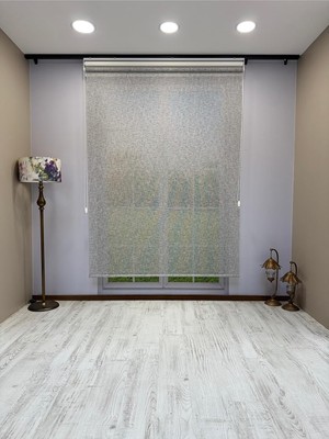 Çift Mekanizmalı Gri Çizgili Desenli Tül ve Beyaz Stor Perde - Ithal Mat Polyester 60 x 200