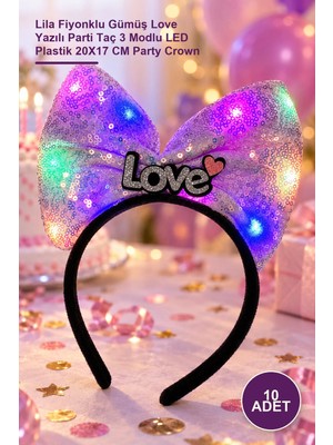 Yenilig 10 Adet LED Işıklı Taç – Lila Fiyonklu Gümüş Love Yazılı Parti Taç 3 Modlu LED Plastik 20X17 cm Party Crown