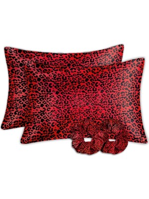 Ipek Saten Yastık Kılıfı 2'li Set 50X70CM Saten Tokalı Red Leopar, MONOHOME841755