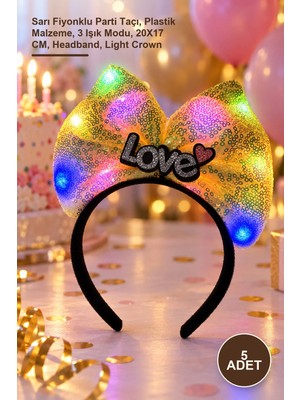Yenilig 5 Adet LED Işıklı Taç – Sarı Fiyonklu Parti Taçı, Plastik Malzeme, 3 Işık Modu, 20X17 Cm, Headband, Light Crown