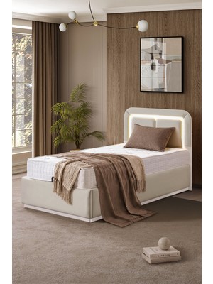 Setay Demonte Baza Seti, Nox Ledli Tek Kişilik Baza Başlık Seti - Ikili Set, Bej - 100X200 cm