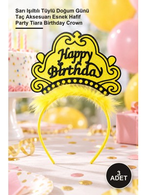 Yenilig 3 Adet Prenses Tacı – Sarı Işıltılı Tüylü Doğum Günü Taç Aksesuarı Esnek Hafif Party Tiara Birthday Crown