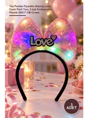Yenilig 3 Adet LED Işıklı Taç – Toz Pembe Fiyonklu Gümüş Love Yazılı Parti Tacı, 3 Işık Fonksiyonu, Plastik 20X17 cm Crown