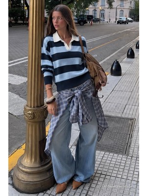 Madmext Indigo Çizgili Polo Yaka Kadın Kazak MG2882
