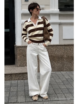 Madmext Sarı Çizgili Polo Yaka Kadın Kazak MG2882